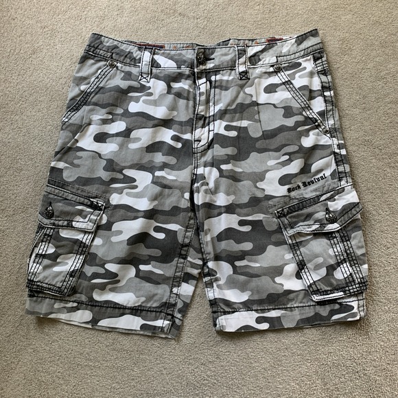 Rock Revival Gray White Camouflage Flat Front Pockets Cargo Shorts
